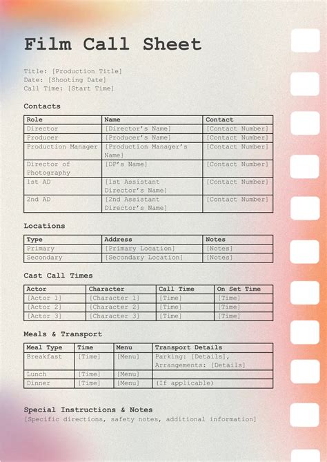Film Call Sheet Template Word - Sample Design Templates