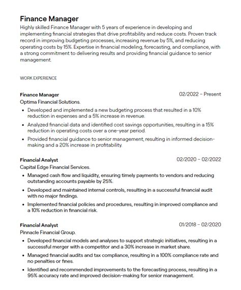 Finance Manager Resume Sample