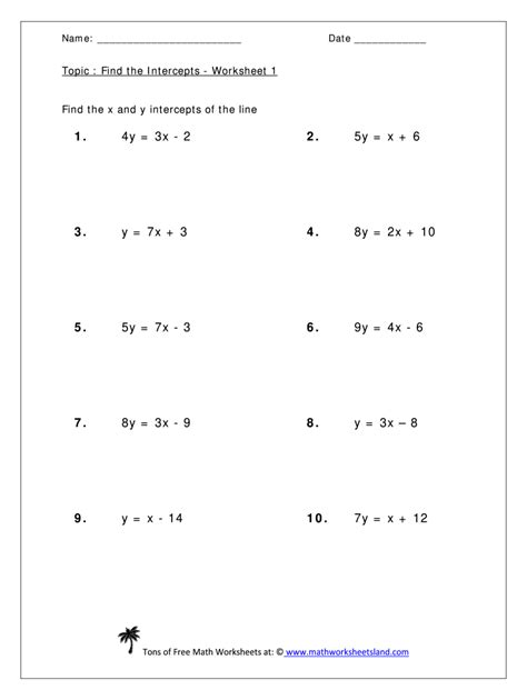 Find The X And Y Intercepts Worksheet