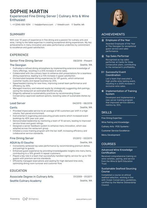 Fine Dining Server Resume Sample