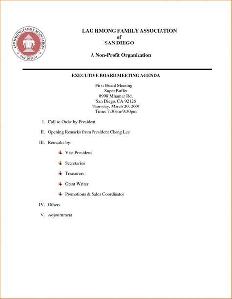 First Nonprofit Board Meeting Agenda Template