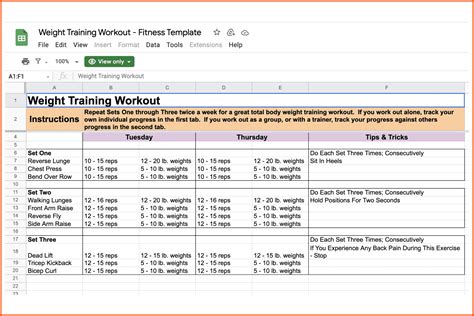 Fitness Plan Google Sheets
