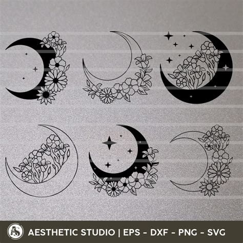 Download Floral Crescent Moon Bundle SVG Commercial Use DXF Files