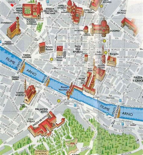 A detailed map of Florence with prominent attractions marked and highlighted, providing visual aid for planning