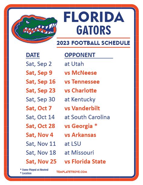 Florida Gators Printable Football Schedule