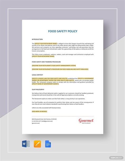 Food Safety Policy Template