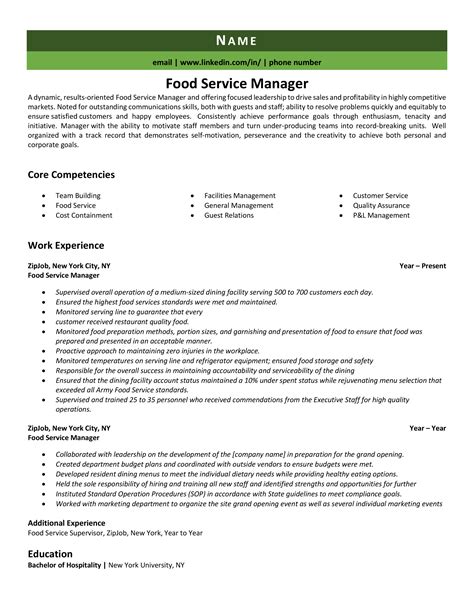 Food Service Manager Resume Sample