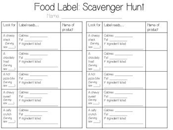 Food Label Scavenger Hunt Worksheet Answers