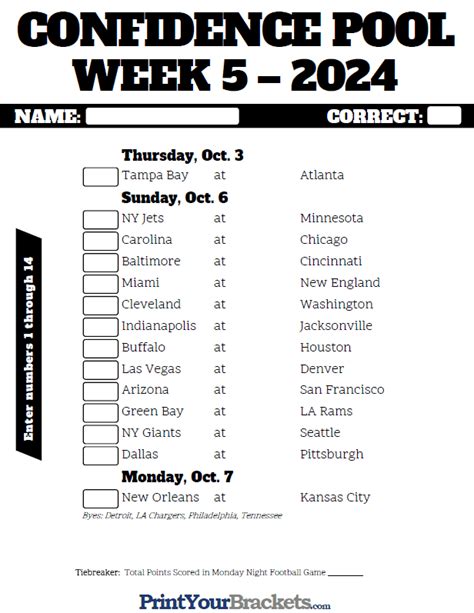 Football Pick Em Pool Weekly Printable Sheet