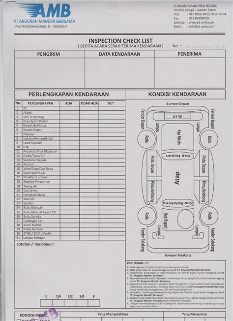 Form Checklist Kendaraan Excel