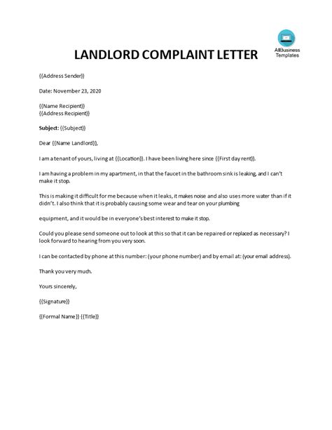 Formal Complaint Letter To Landlord Template