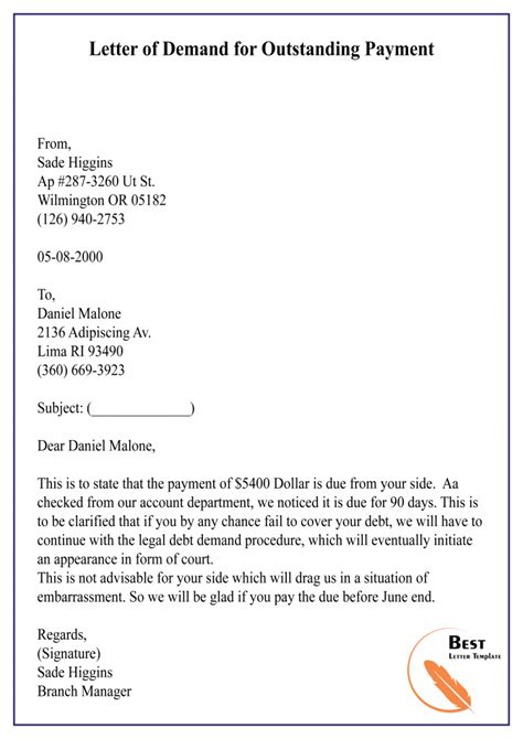 Formal Demand For Payment Letter Template