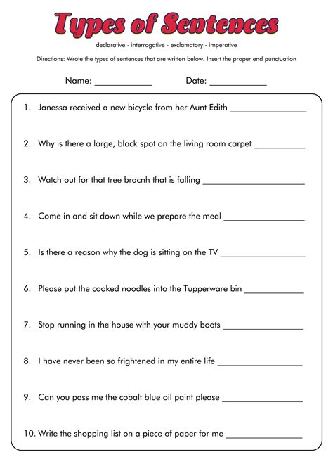 Four Kinds Of Sentences Worksheet