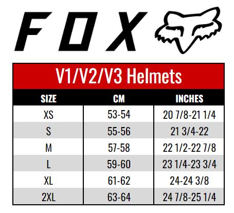 Fox V1 Helmet Size Chart