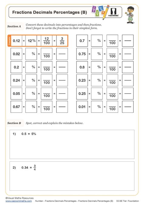 Fractions Decimals Percentages Worksheet