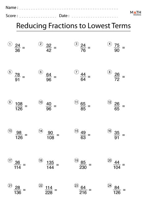 Fractions Reduce To Lowest Terms Worksheet