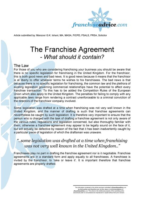 Franchise Agreement Sample Template