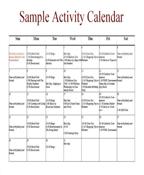 Free Activity Calendar Template