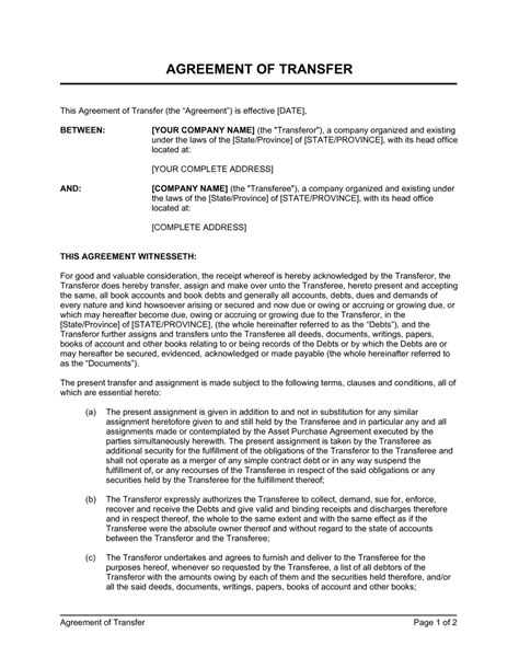 Free Business Transfer Agreement Template Best Template Collections
