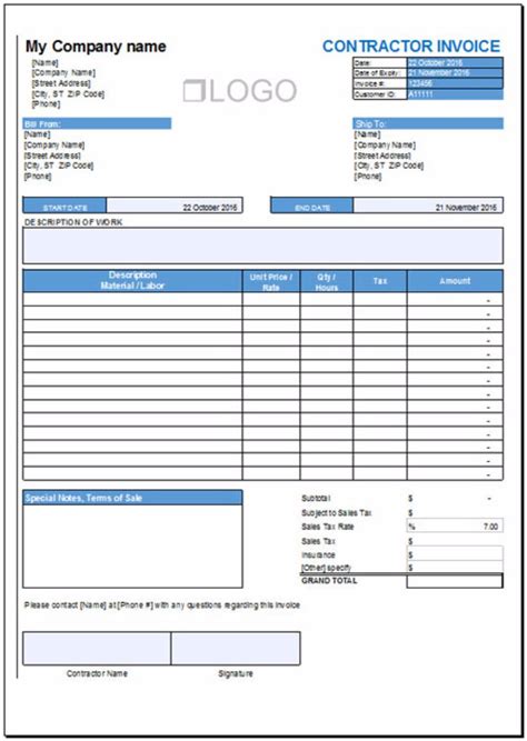 Free Contractor Invoice Template