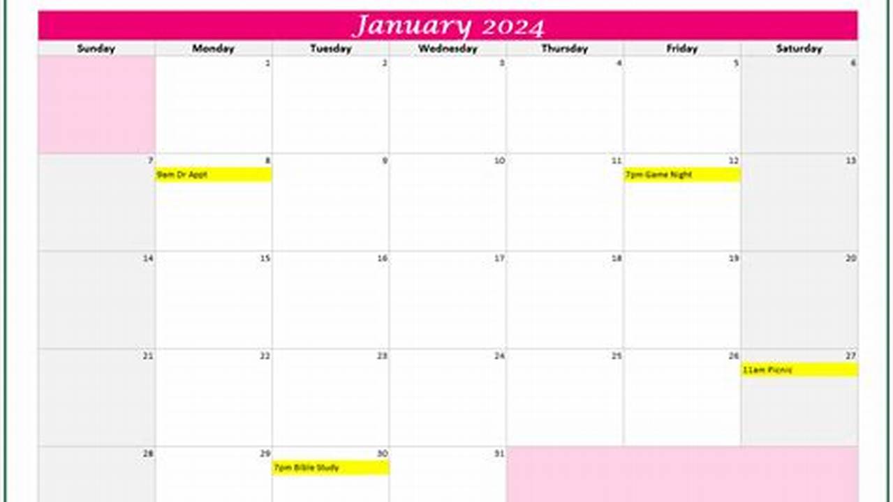 Free Excel Calendar Template 2024 Editable Spreadsheet