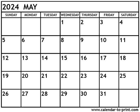 Printable May 2024 Calendar Classic Blank Sheet