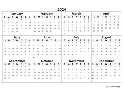 2024 Printable Calendar Yearly Calendar (Tabular style)