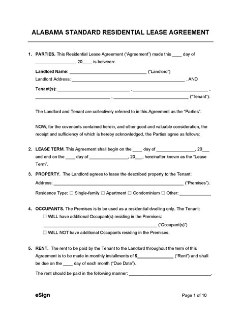 Free Printable Alabama Residential Lease Agreement