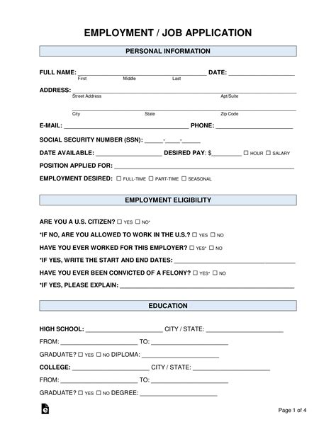 Free Printable Application For Employment
