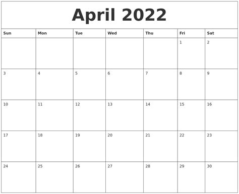Free Printable Calendar April 2022