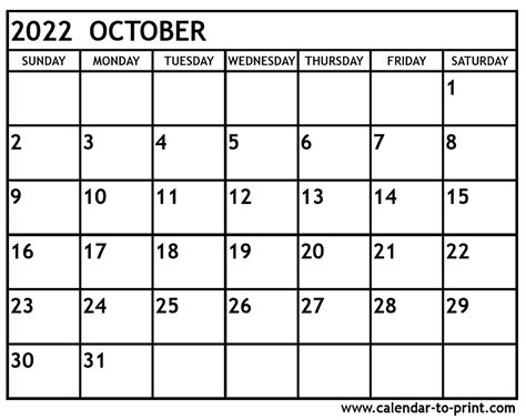 Free Printable Calendar October 2022