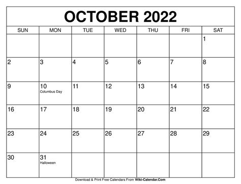 Free Printable Calender October 2022