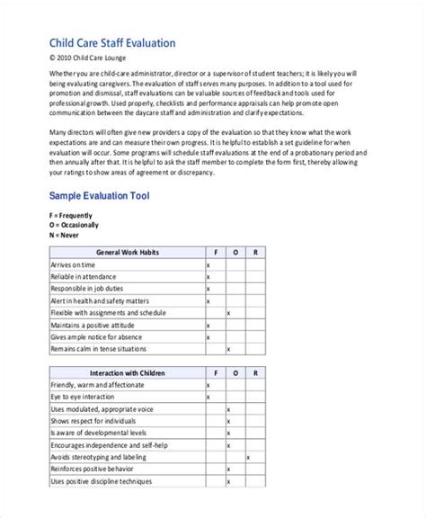 Free Printable Child Care Staff Evaluation Form