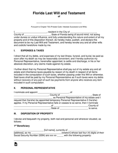 Free Printable Florida Last Will And Testament Form