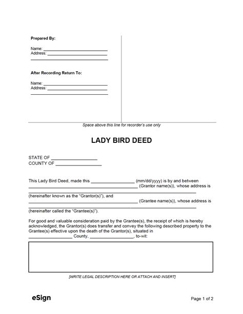 Free Printable Lady Bird Deed Florida Form