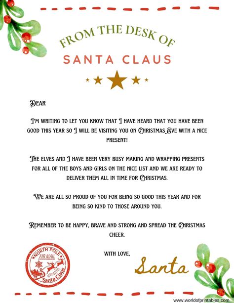 Free Printable Letter From Santa Template Word