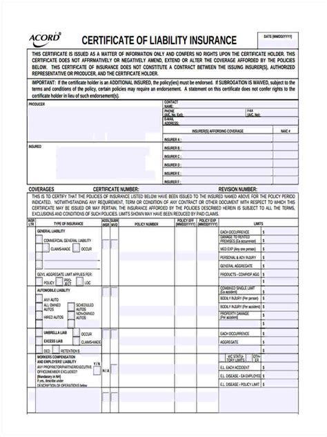 Free Printable Pdf Blank Certificate Of Insurance Form