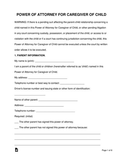 Free Printable Power Of Attorney For Minor Child Texas