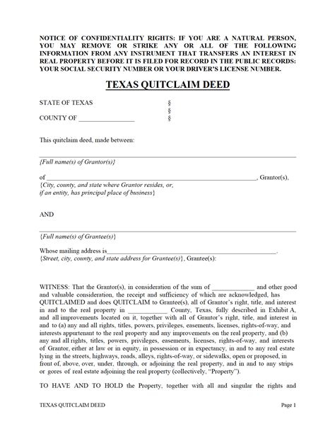 Free Printable Quit Claim Deed Form Texas