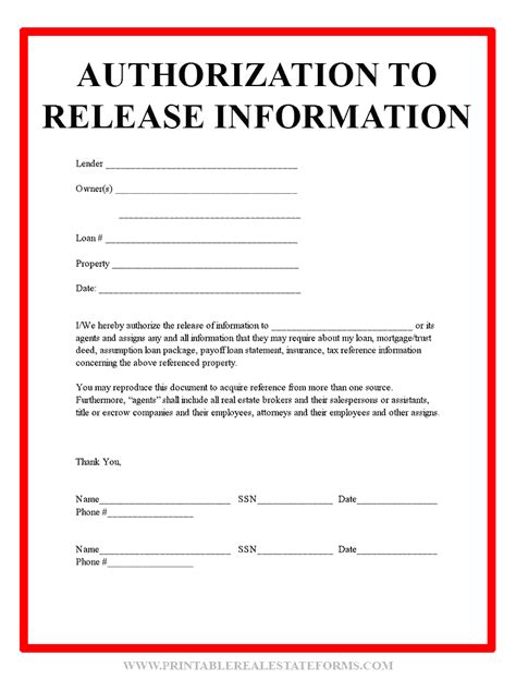 Free Printable Release Of Information Form