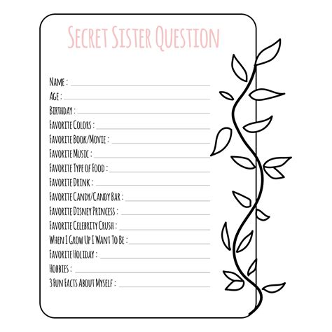 Free Printable Secret Sister Questionnaire