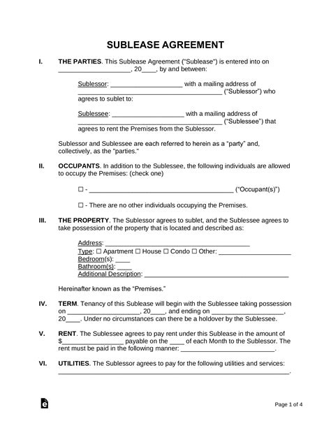 Free Printable Sublease Agreement