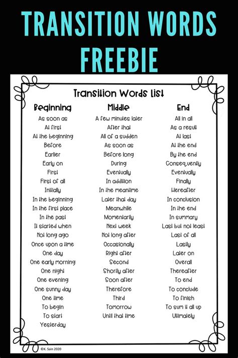 Free Printable Transition Words List