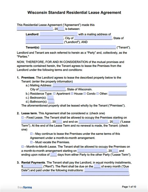 Free Printable Wisconsin Residential Lease Agreement