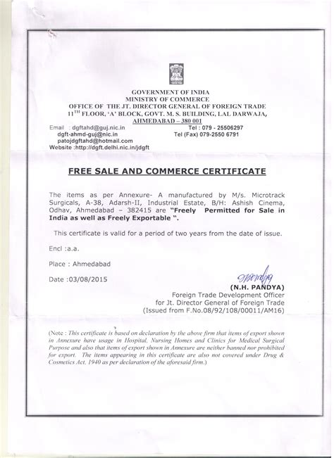 Free Sale Certificate Template