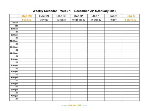 Free Weekly Calendar Template 2015