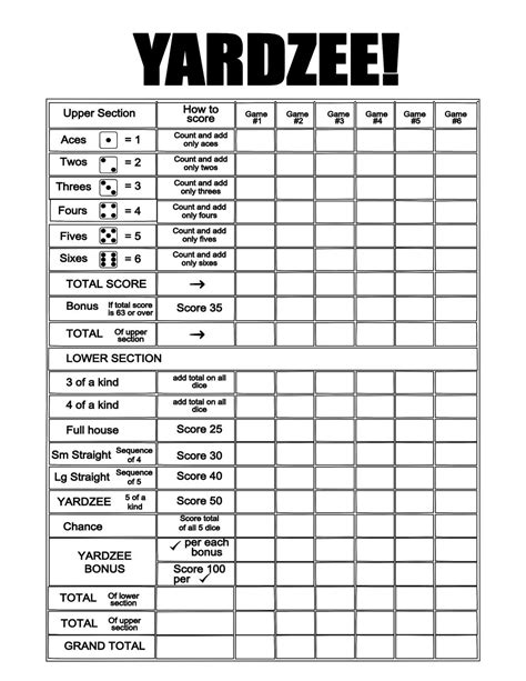 Free Yardzee Printable Scorecard