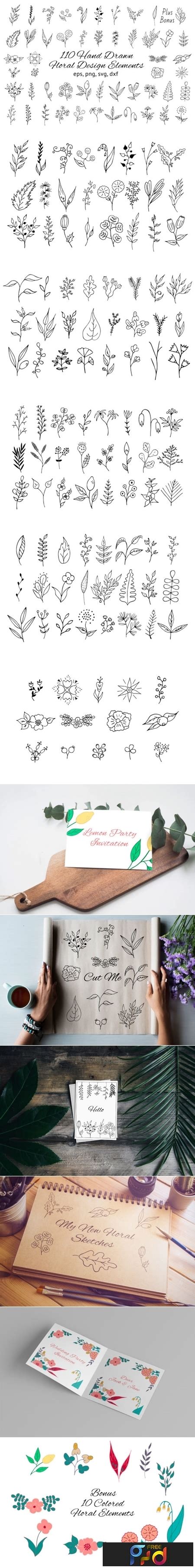 Download Free 110 Hand drawn Floral Design Elements Files Free PSD Mockups