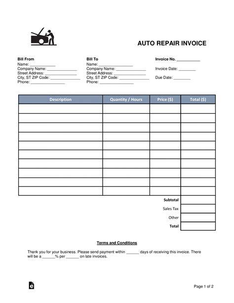 Free Auto Body (Mechanic) Invoice Template - Word | PDF – eForms
