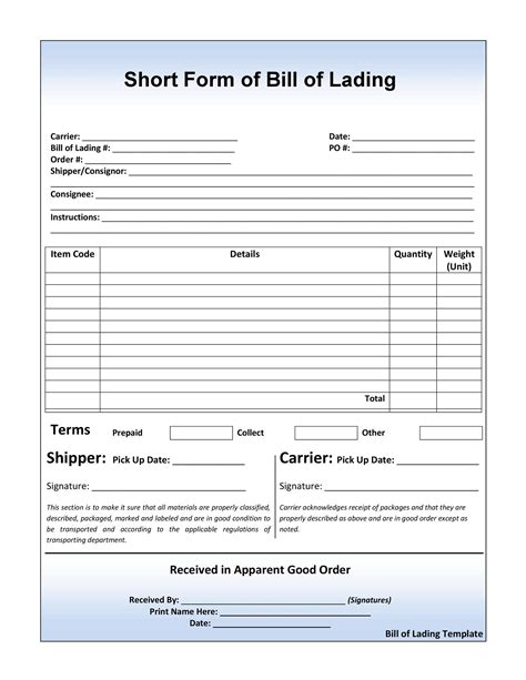 Free Bill Of Lading Template Word